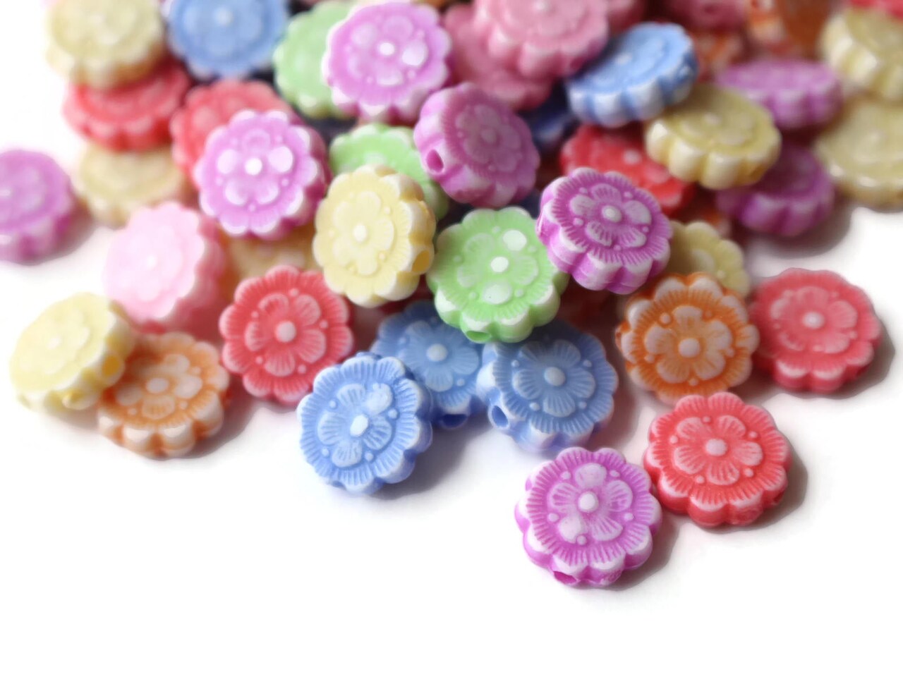 100 10mm Assorted Color Flower Beads Plastic Mixed Color Flat Round Beads